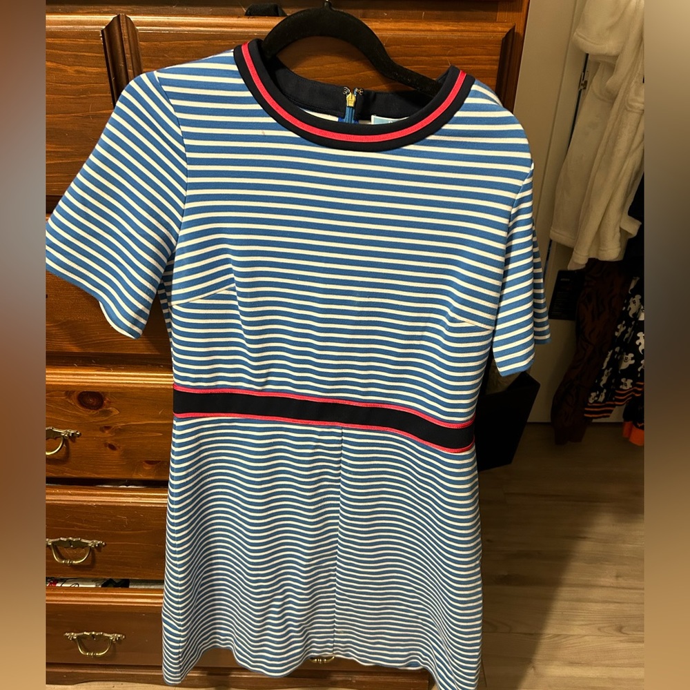 Draper James Blue and White Striped Midi Dress with Navy and Pink Trim